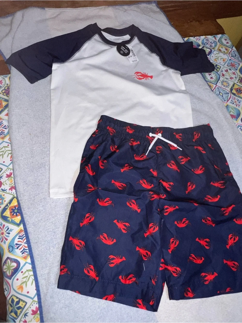 The Children's Place Navy & White Rash Guard Set with Red Lobster Print